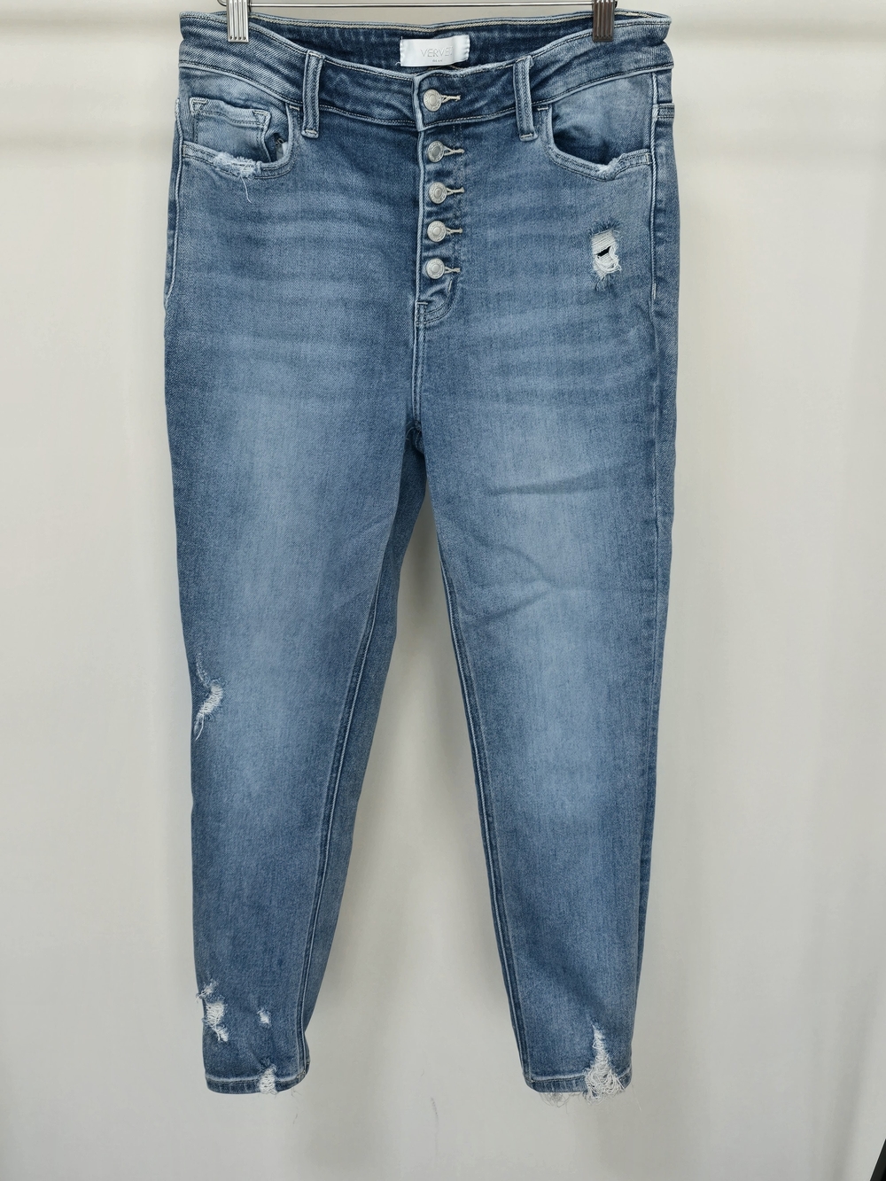 Vervet High-Rise Button-Fly Distressed Ankle Jeans - Light Blue